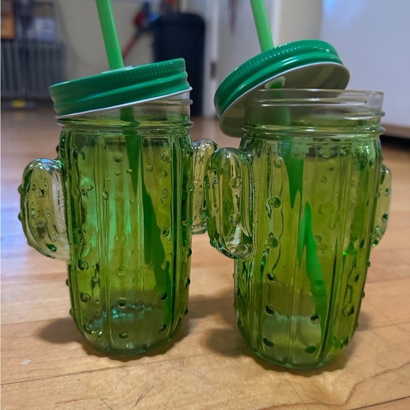 Green Cactus Glass Tumblers with Straws Jar Cup Drink ware Western Cowboy NWOT - Picture 2 of 4